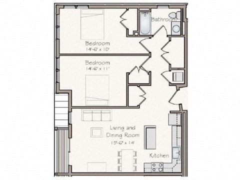 Floor plan for 2 beds, 1 bath, 901 sqft